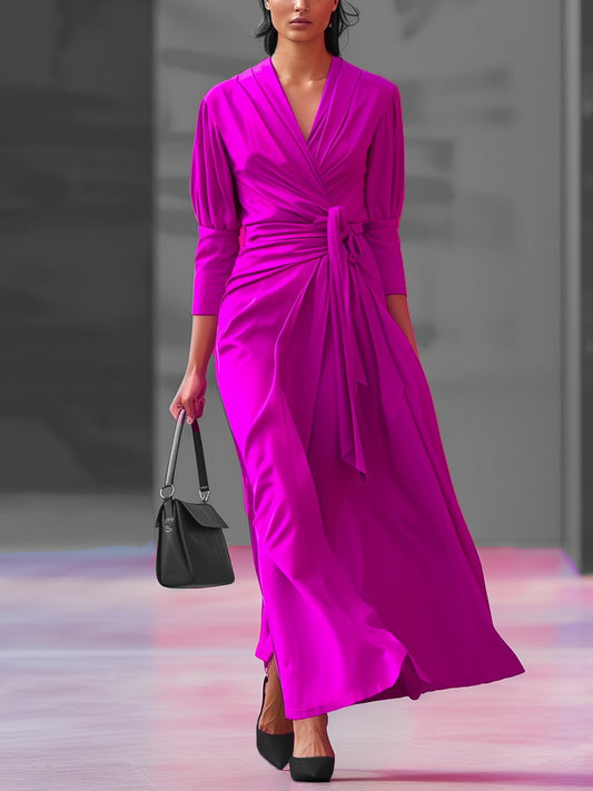 V-Neck Mid-Length Sleeve Tie Maxi Dress