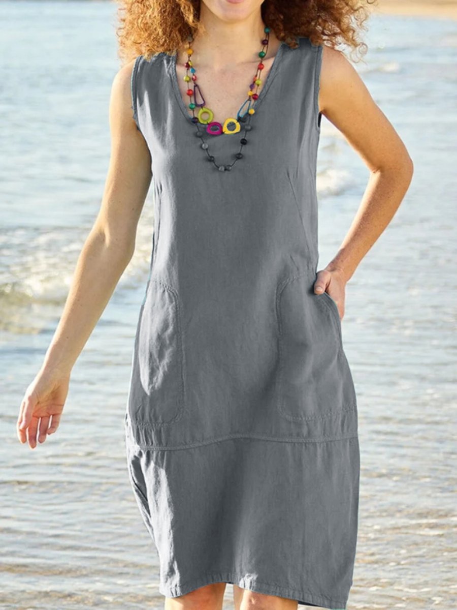 U-neck Cotton and Linen Sleeveless Dress