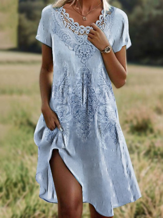 V-neck Hollow-out Lace Trim Dress