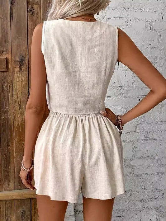 Casual Cotton and Linen Vest and Shorts Set