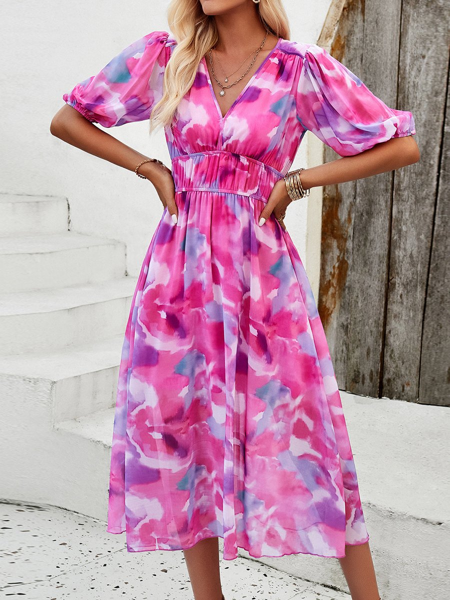 V-Neck Lantern Sleeves Printed Elastic Waist Chiffon Dress