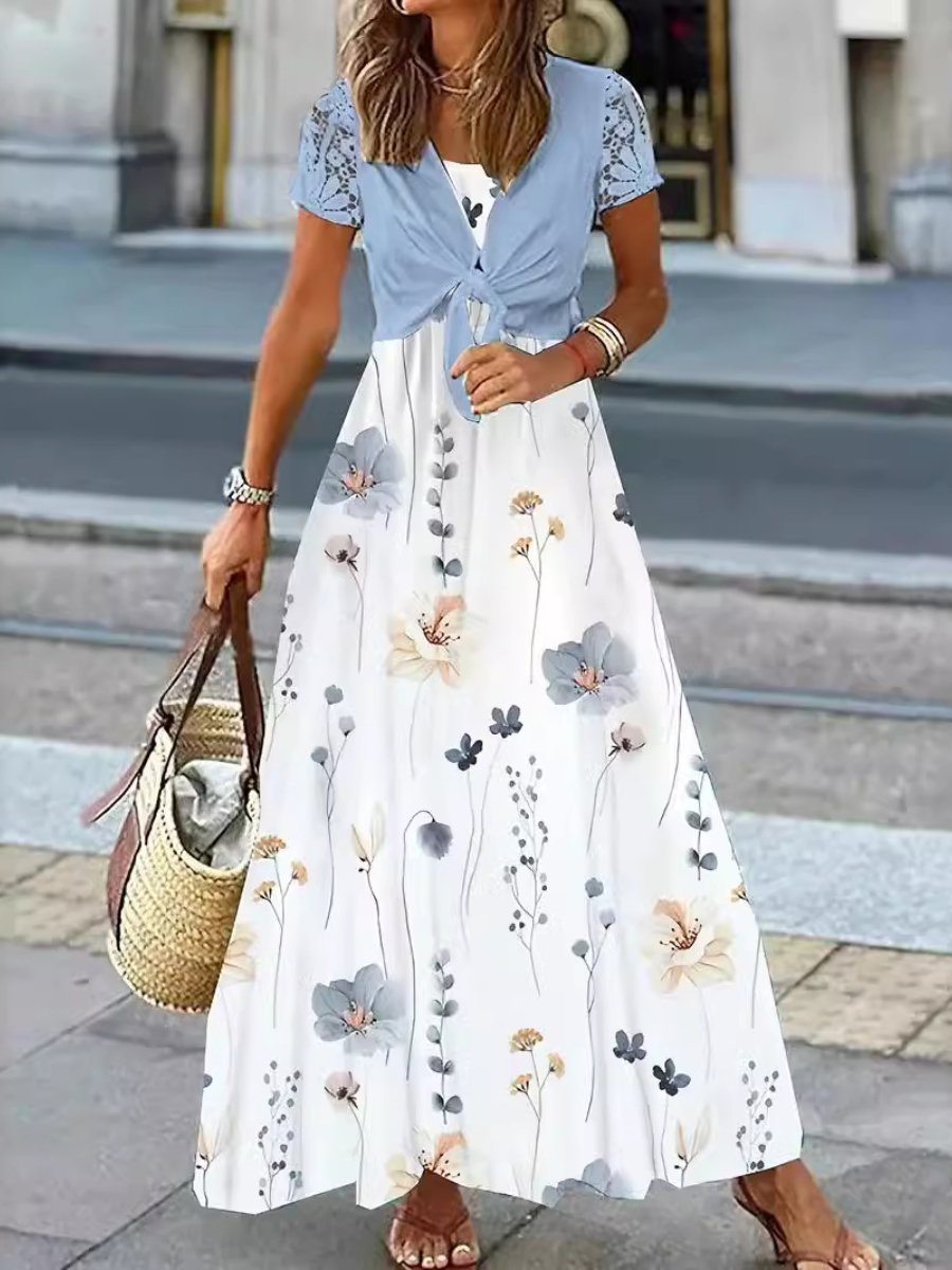 Elegant Floral Printed Sleeveless Dress and Cardiagn Set