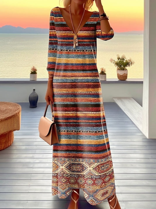 Vintage Boho Striped Printed V-Neck Dress