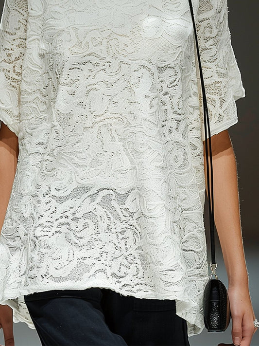 Elegant Round Neck Short Sleeve Lace T-shirt