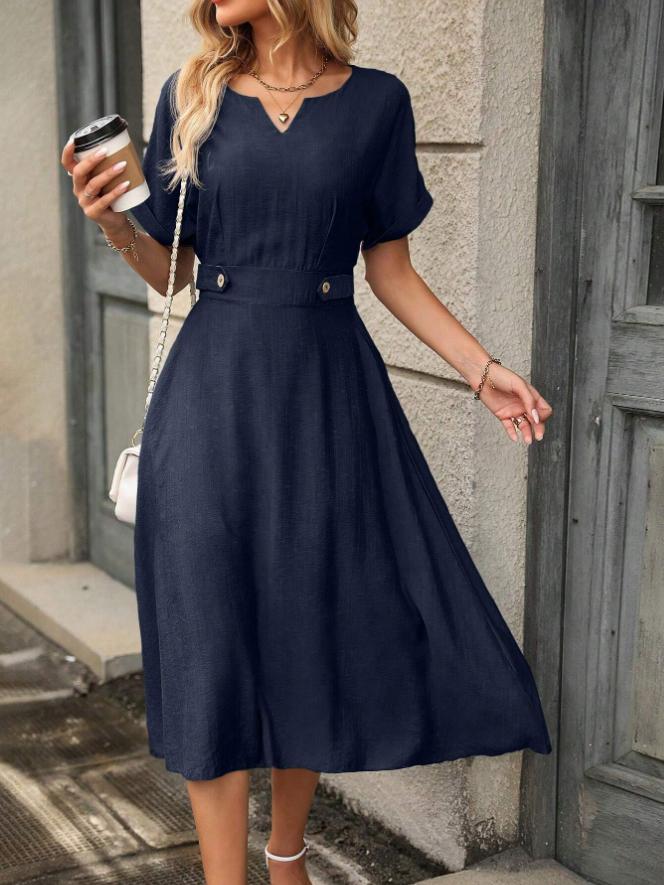 V-neck Cotton and Linen Elastic Waist Short-sleeve Dress