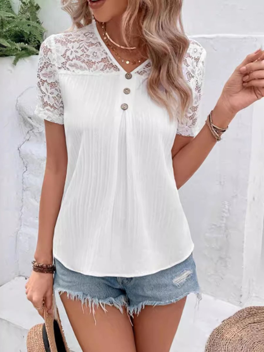 V neck Hollow-out lace Patchwork Shirt