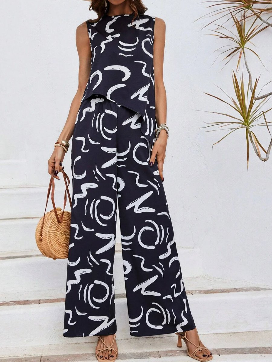 Sleeveless Diagonal Top Printed Pants Set