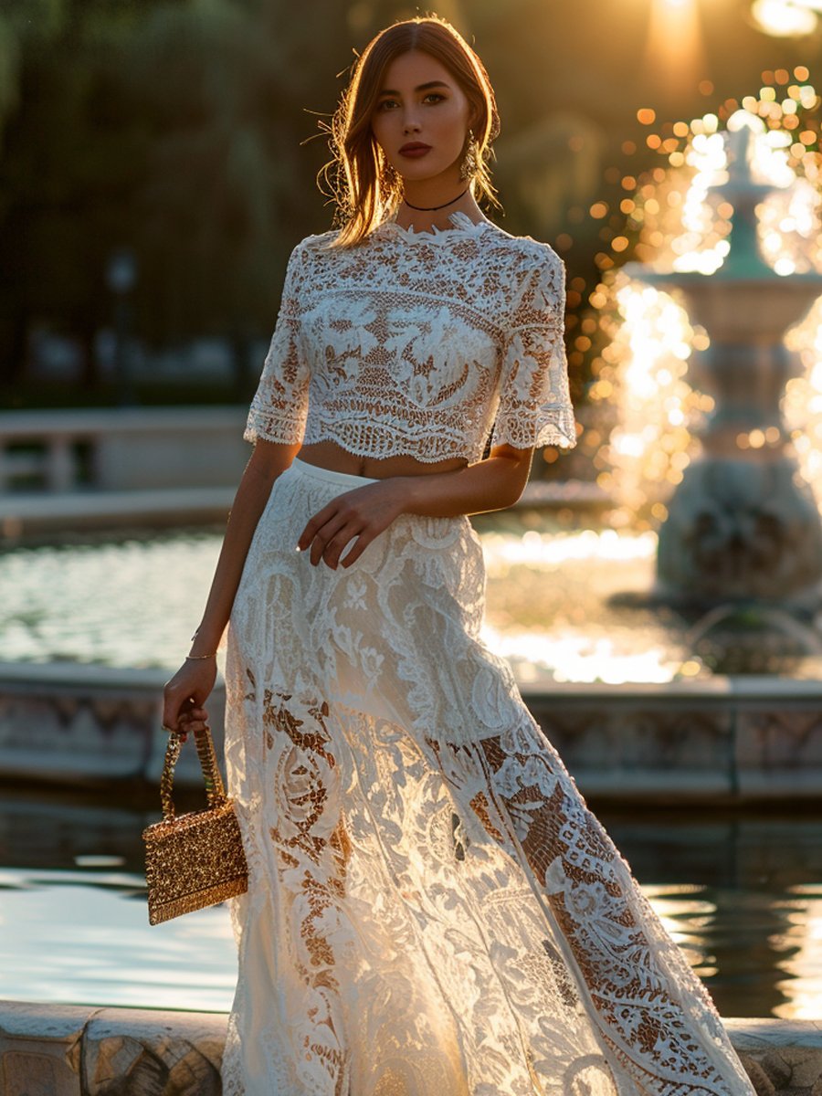 Short-Sleeved Lace T-Shirt Long Skirt Set