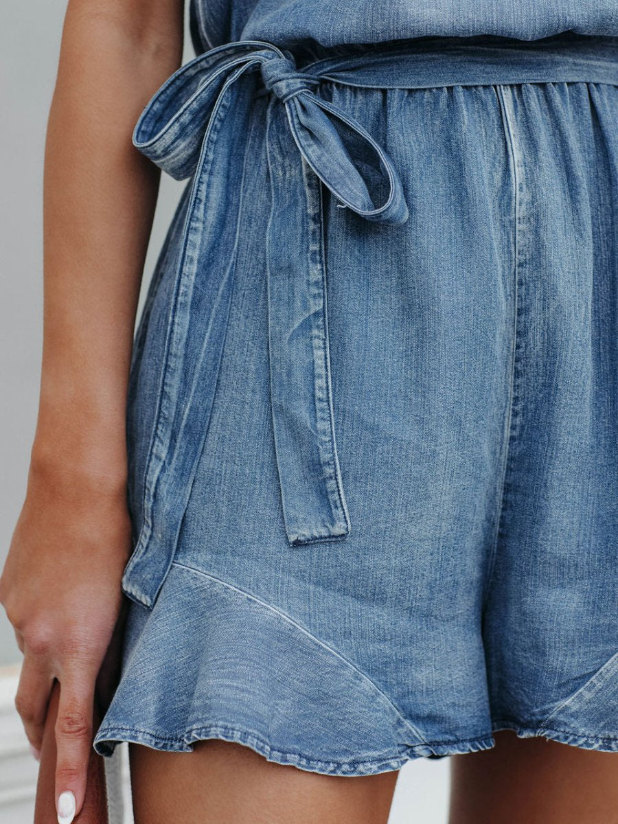 Stylish Halter Neckline Washed Denim Romper