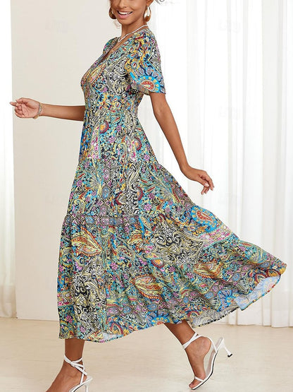 Bohemian V-Neck Paisley Maxi Dress