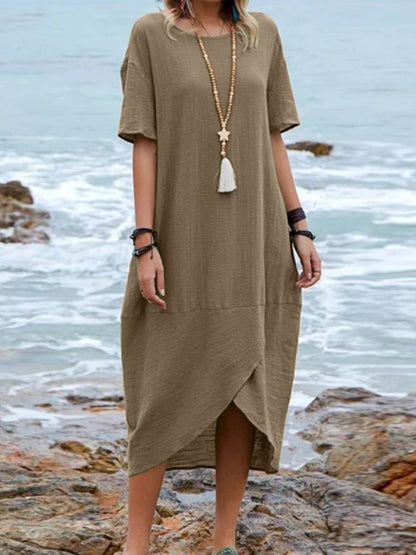 Vintage Cotton-linen Short-sleeve Dress