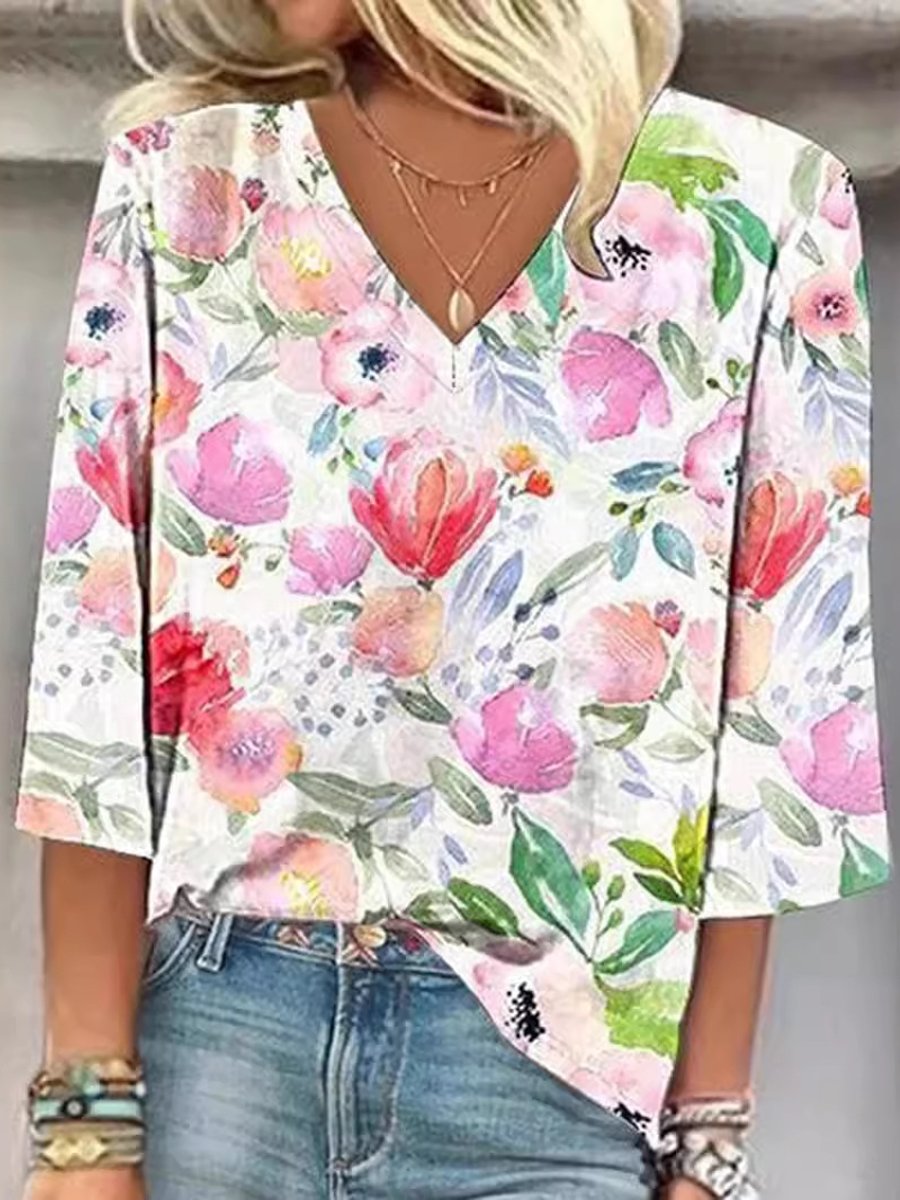 Printed Casual V Neck T-Shirt