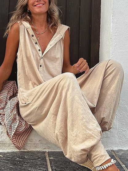 Buttoned Hooded Sleeveless Jumpsuit