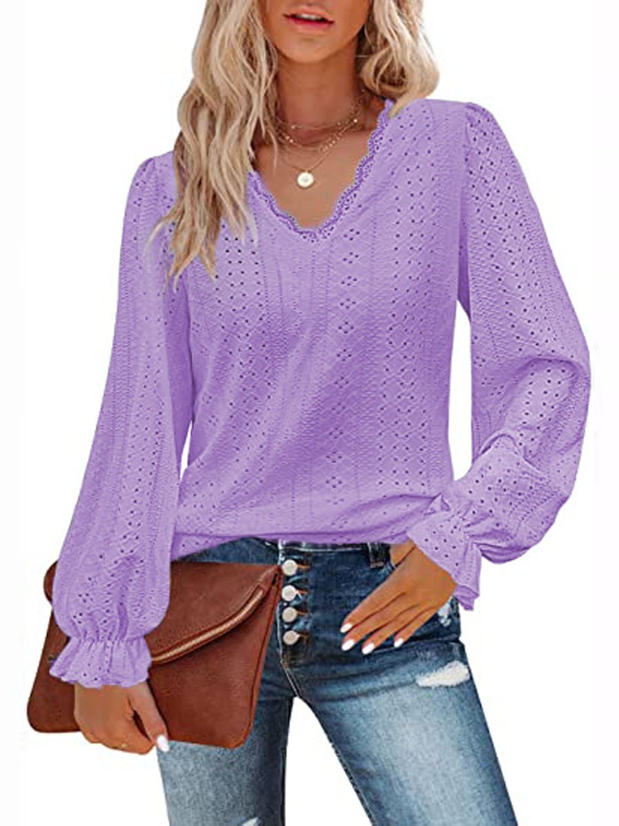 V-neck Cutout Jacquard Casual Long Sleeve Shirt