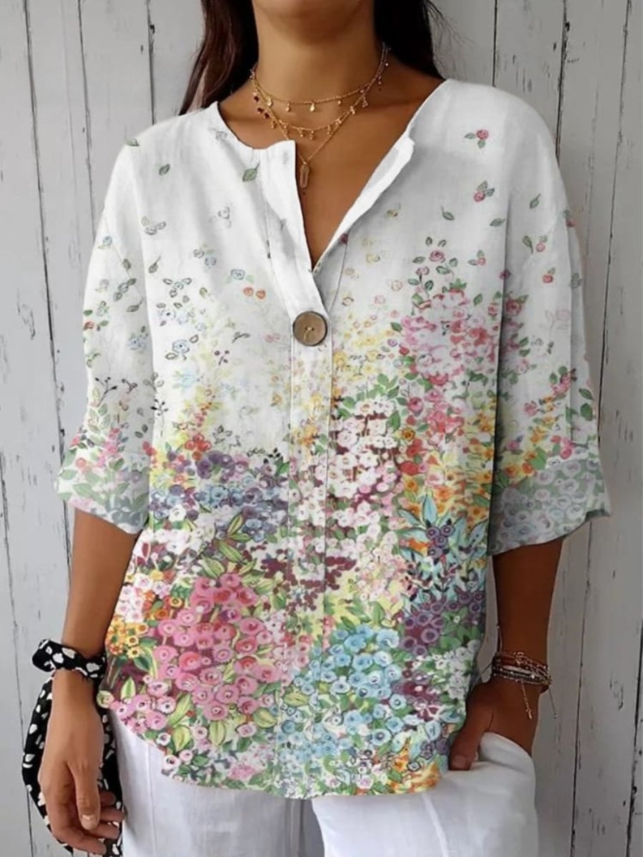 V-neck Printed Button Long Sleeve Shirt