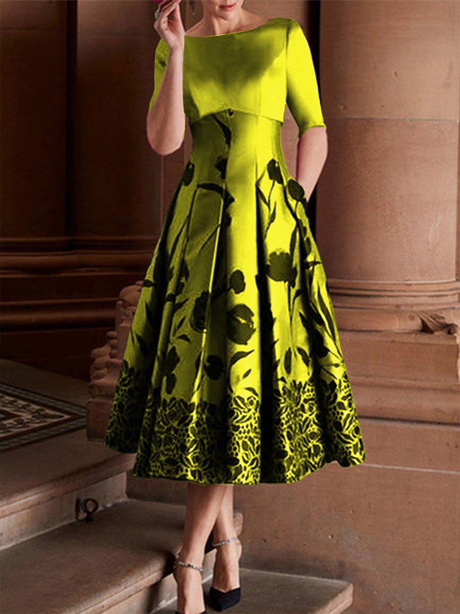 Elegant Mid-Length Sleeve Floral Pleated Dress