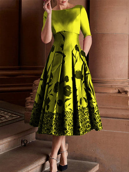 Elegant Mid-Length Sleeve Floral Pleated Dress