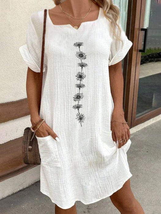 Embroidered Square V-neck Pocket Dress