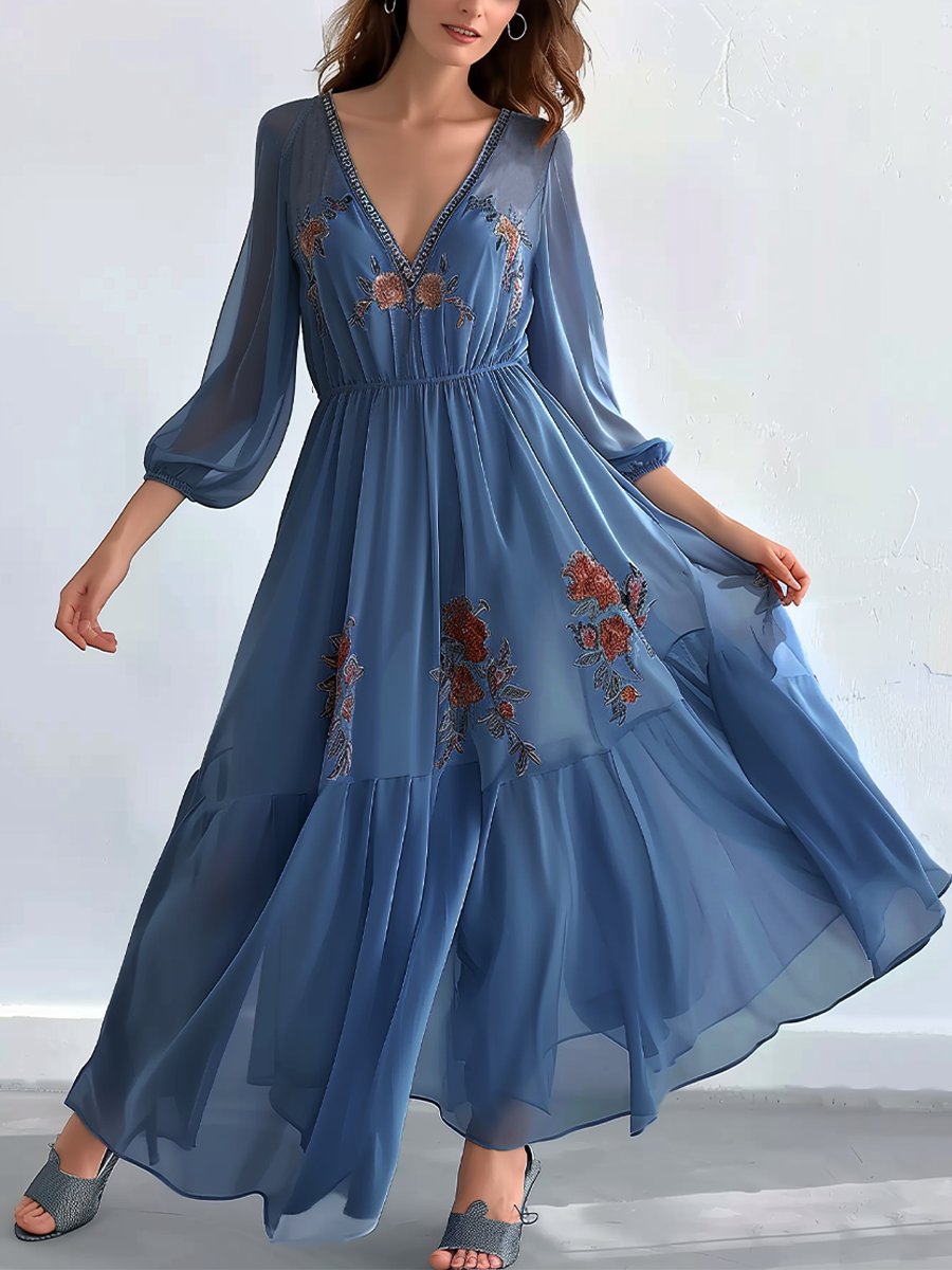 Elegant Embroidery V-Neck Mid-Length Sleeves Dress