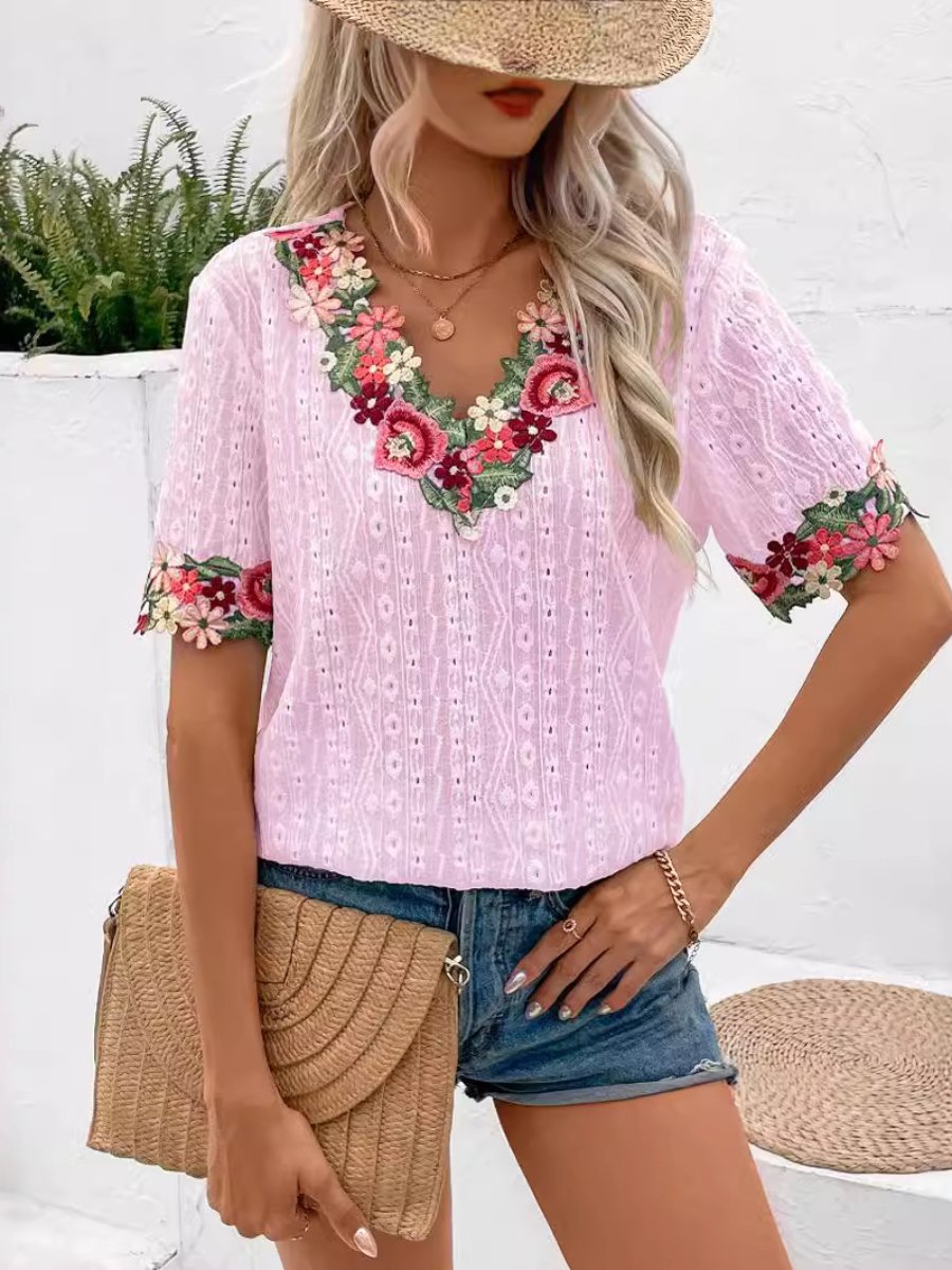 V-neck Embroidered Floral Lace Trim Top