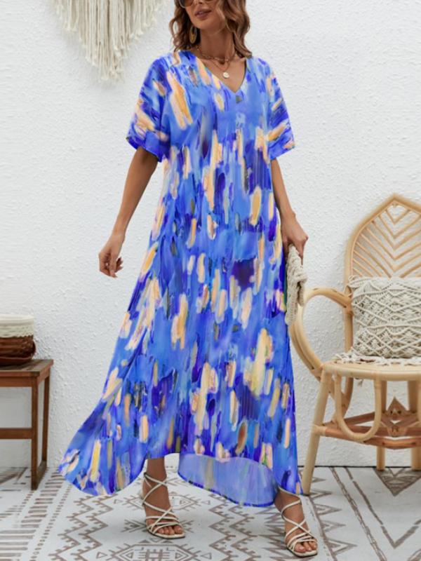 V-neck Floral Print Wide Swing Maxi Dress