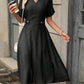 V-neck Cotton and Linen Elastic Waist Short-sleeve Dress