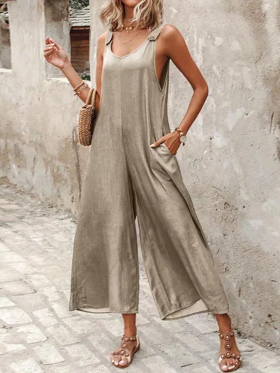 Casual Loose Solid Color Sleeveless Jumpsuits