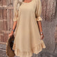 Round Neck Casual Shirring Patchwork Solid Color Cotton and Linen Midi Dress