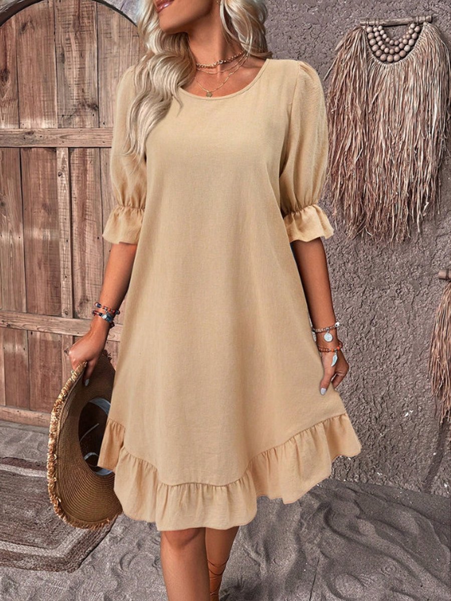 Round Neck Casual Shirring Patchwork Solid Color Cotton and Linen Midi Dress