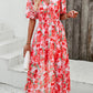 V-Neck Lantern Sleeves Printed Elastic Waist Chiffon Dress