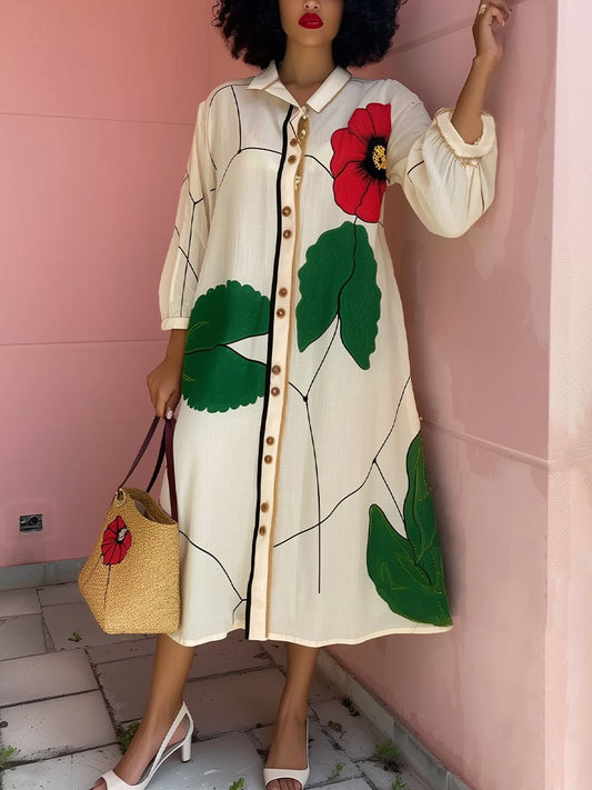 Elegant Floral Puff Sleeve Shirt Dress