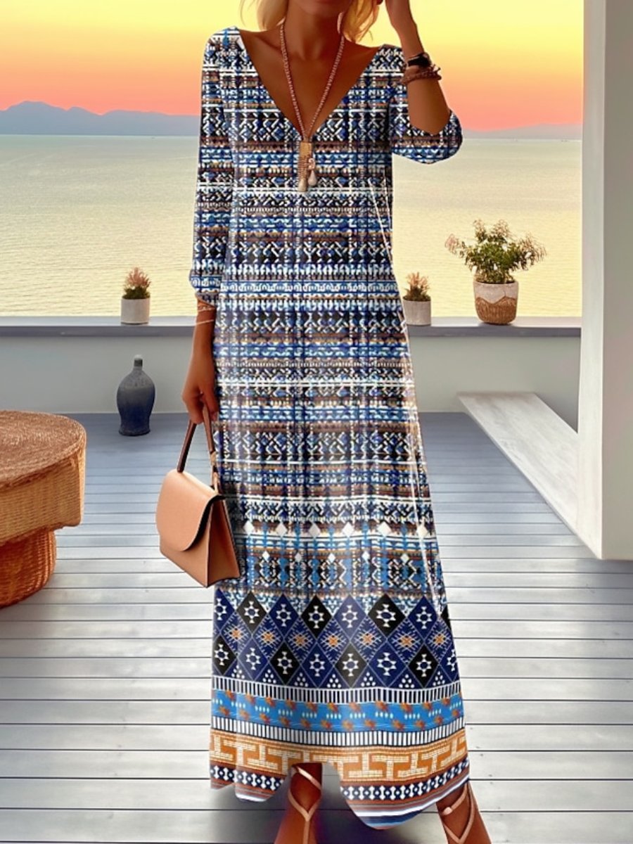 Vintage Boho Striped Printed V-Neck Dress