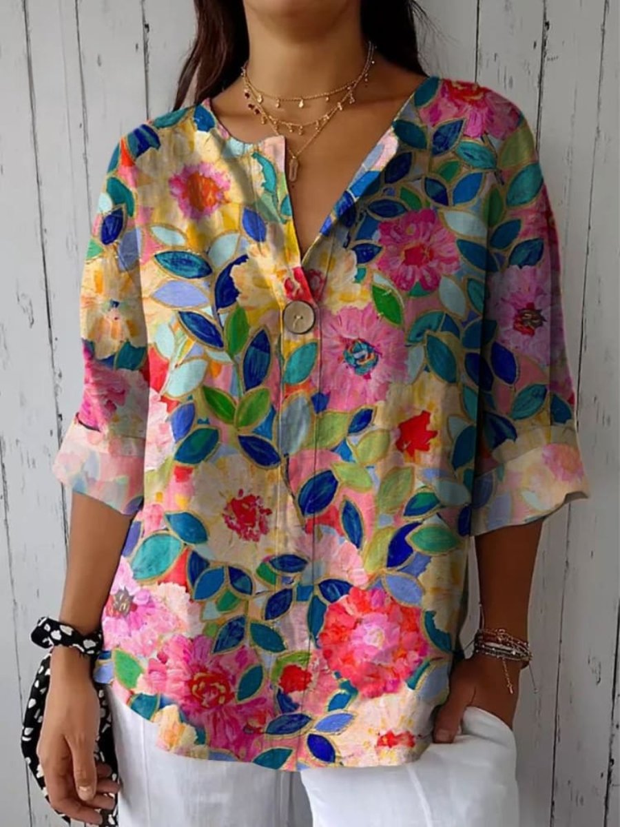 V-neck Printed Button Long Sleeve Shirt