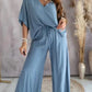 V-Neck Bat Sleeve T-Shirt Wide-Leg Pants Set