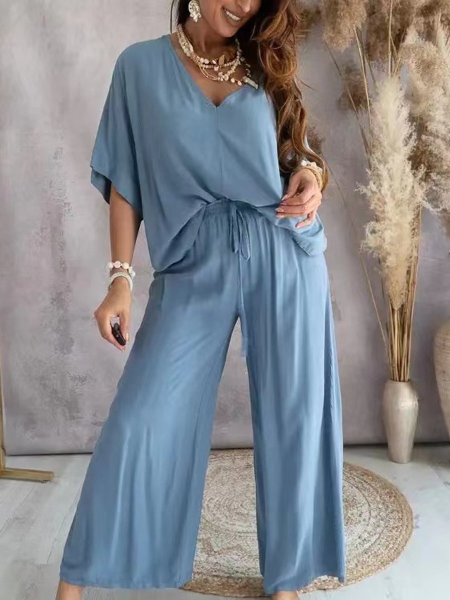 V-Neck Bat Sleeve T-Shirt Wide-Leg Pants Set