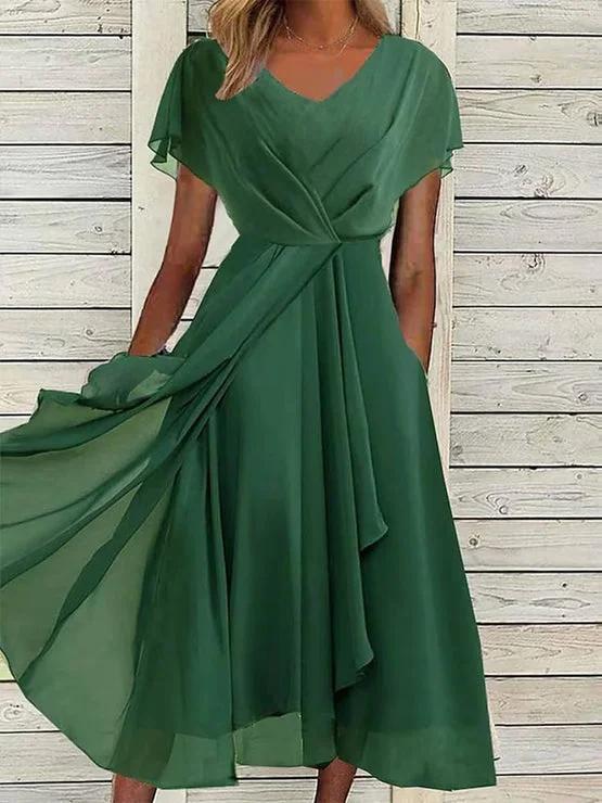 V-neck Pleated Solid Color Chiffon Dress