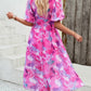 V-Neck Lantern Sleeves Printed Elastic Waist Chiffon Dress