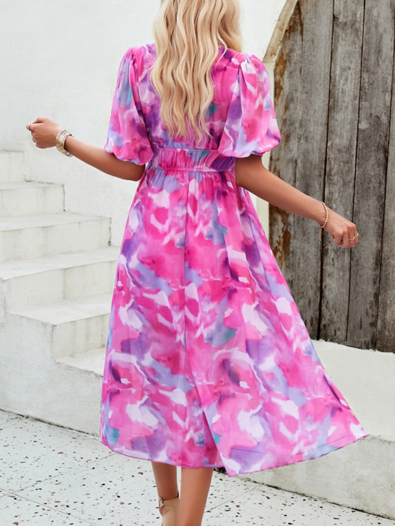 V-Neck Lantern Sleeves Printed Elastic Waist Chiffon Dress