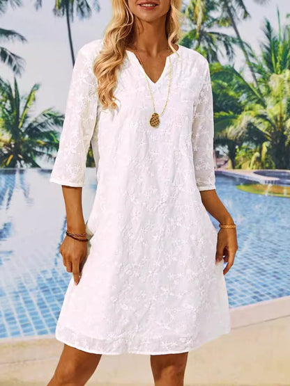 V-Neck Lace Embroidered Casual Midi Dress