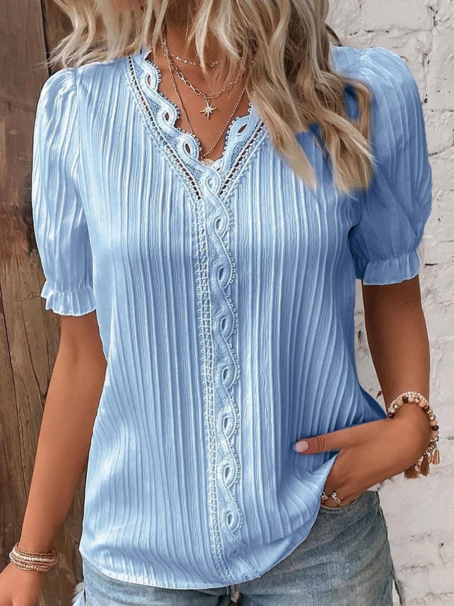 Holiday Fashion Hollow Jacquard Stripe Texture Short Sleeve Shirt