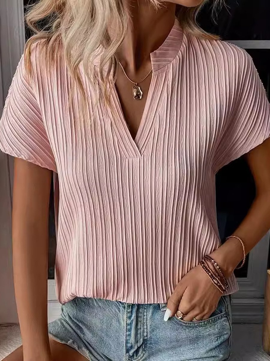 V-neck Striped Textured Short-sleeved T-shirt