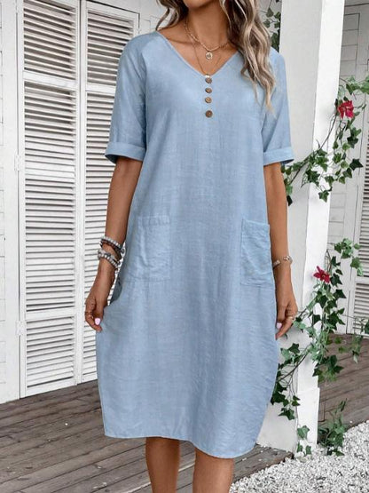 V-neck Cotton and Linen Solid Color Casual Dress