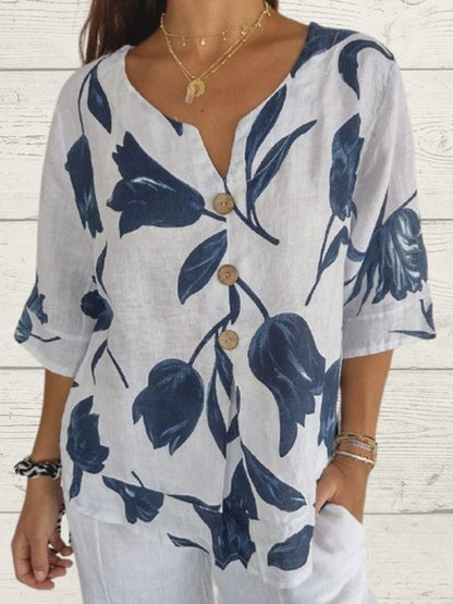 Linen Printed V-Neck Short-Sleeved Shirt