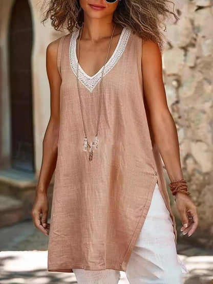 Lace V-Neck Slit Tank Top