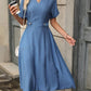 V-neck Cotton and Linen Elastic Waist Short-sleeve Dress