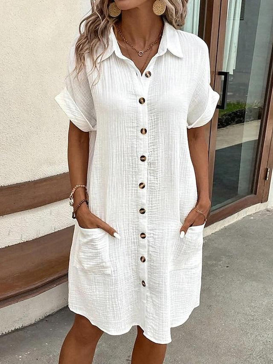 Solid Color Lapel Pocket Shirt Dress