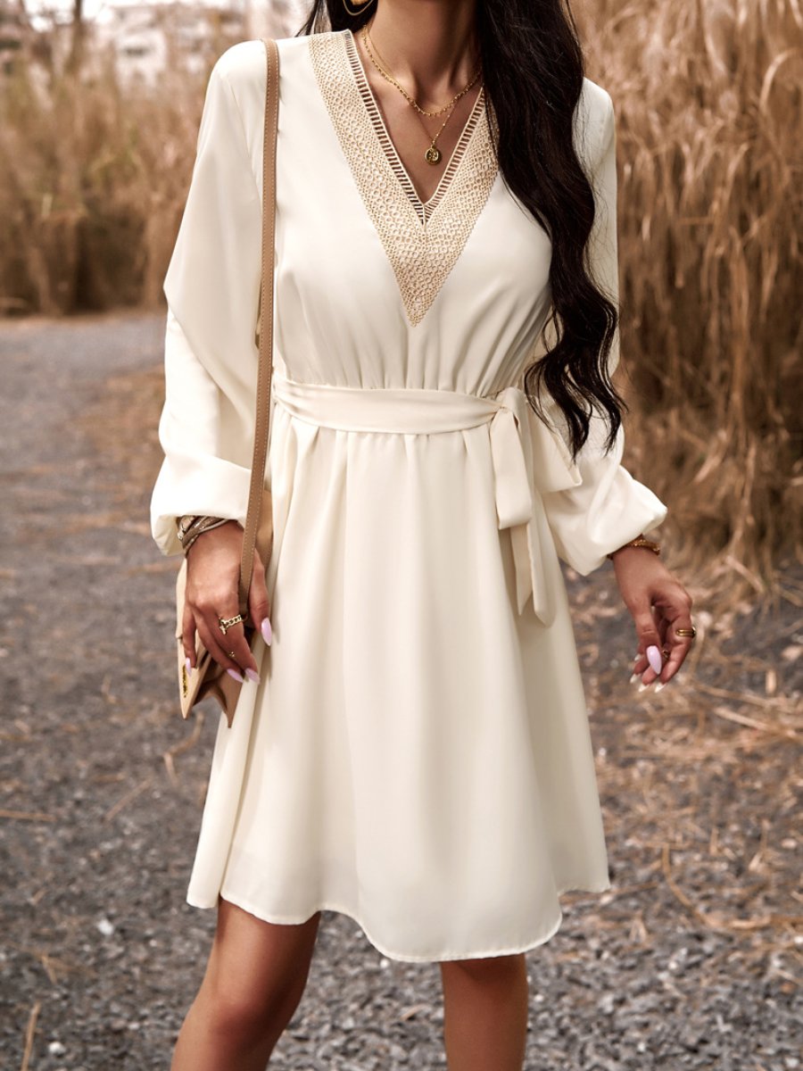 Elegant Lace Trim Tie-waist Shift Dress