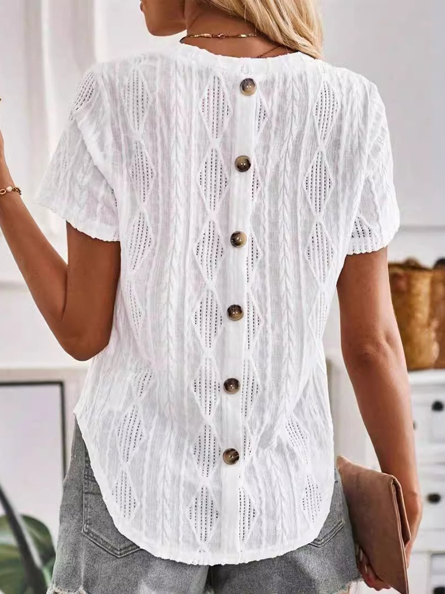 Round Neck Buttoned Cutout Jacquard Short-sleeved T-shirt