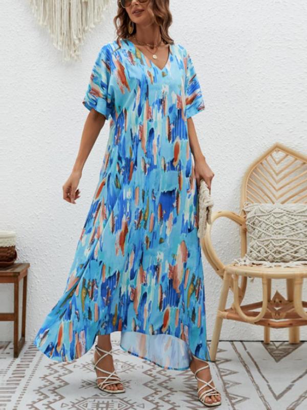 V-neck Floral Print Wide Swing Maxi Dress