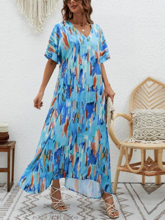 V-neck Floral Print Wide Swing Maxi Dress